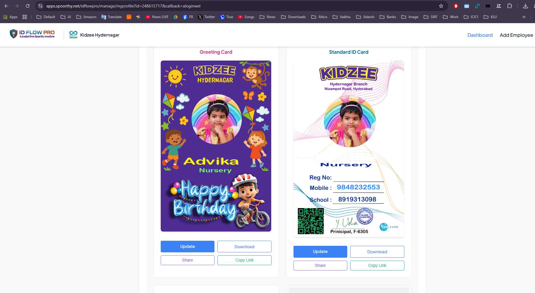ID Flow Pro dashboard at Kidzee